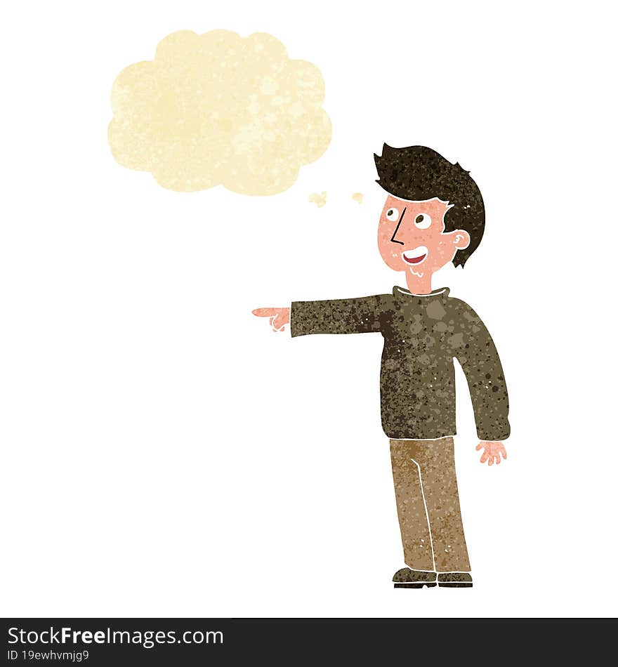 cartoon happy man pointing and laughing with thought bubble