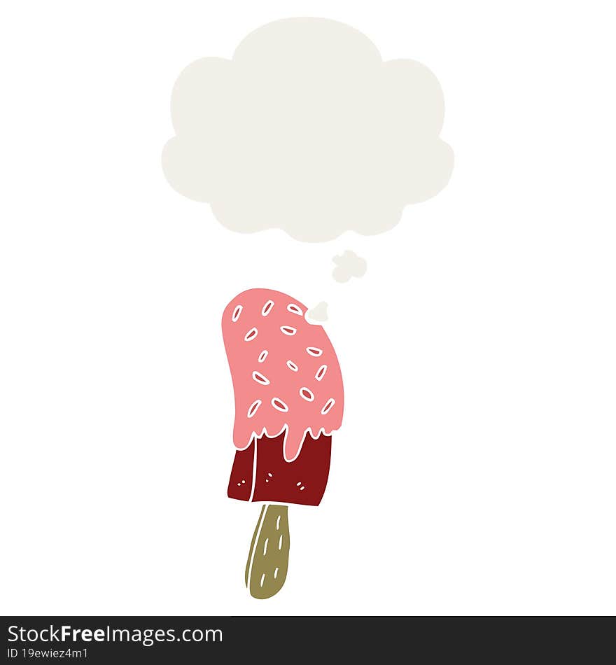 cartoon ice cream lolly and thought bubble in retro style