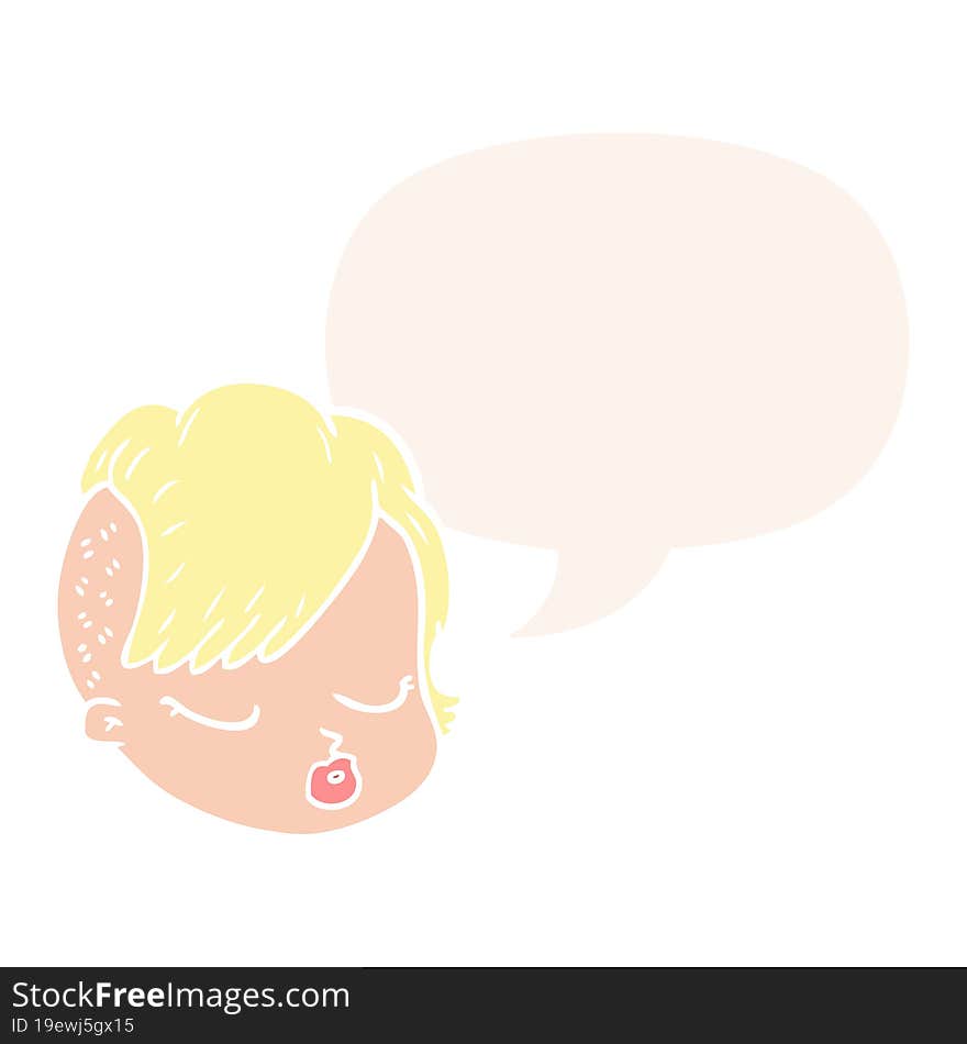 cartoon female face and speech bubble in retro style