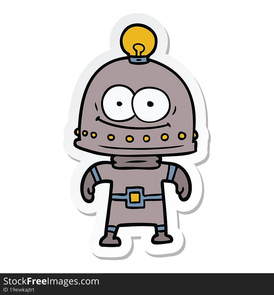 sticker of a happy carton robot with light bulb