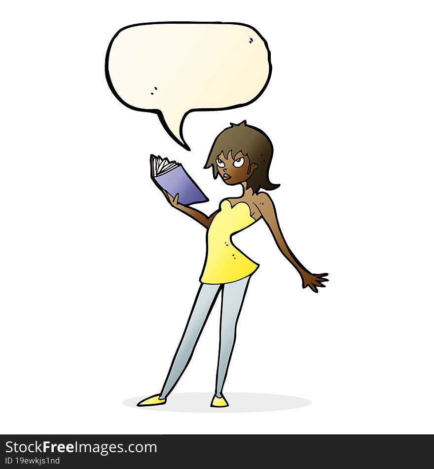 cartoon woman reading book with speech bubble