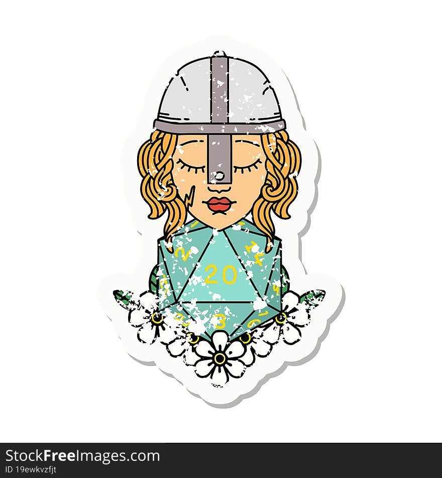 human fighter with natural 20 D20 dice roll grunge sticker