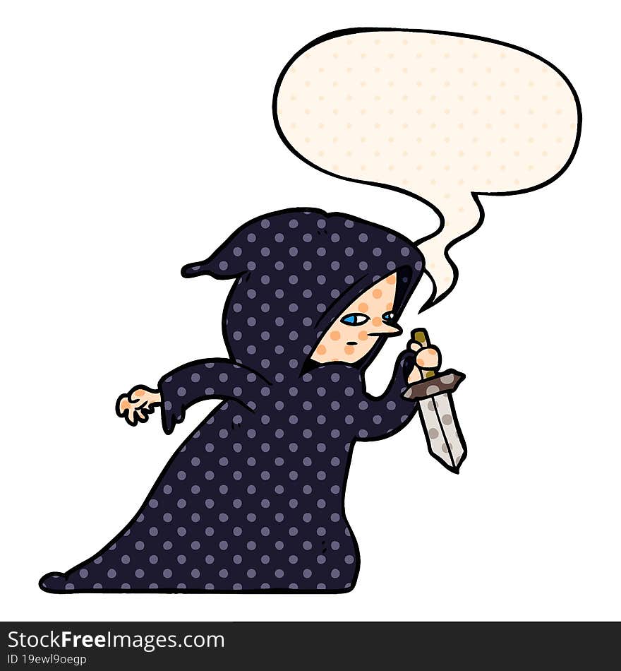 Cartoon Assassin In Dark Robe And Speech Bubble In Comic Book Style