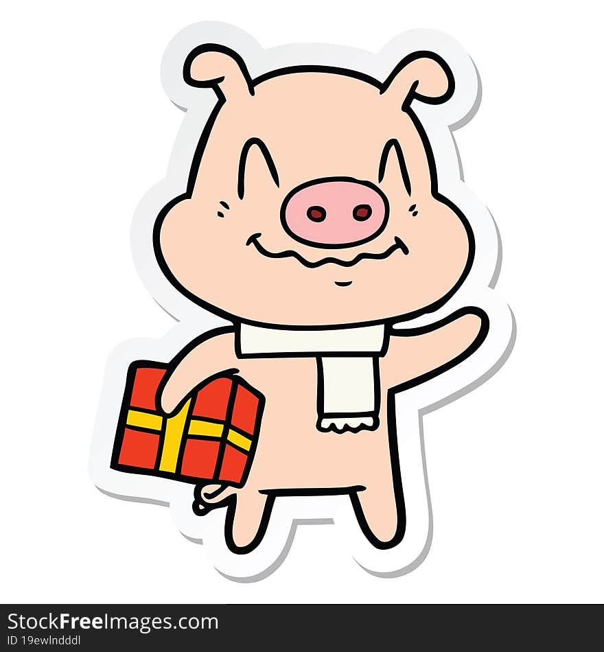 sticker of a nervous cartoon pig with present