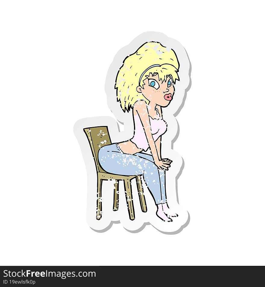 Retro Distressed Sticker Of A Cartoon Woman Posing On Chair