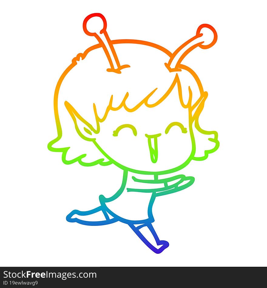 rainbow gradient line drawing of a cartoon alien girl laughing