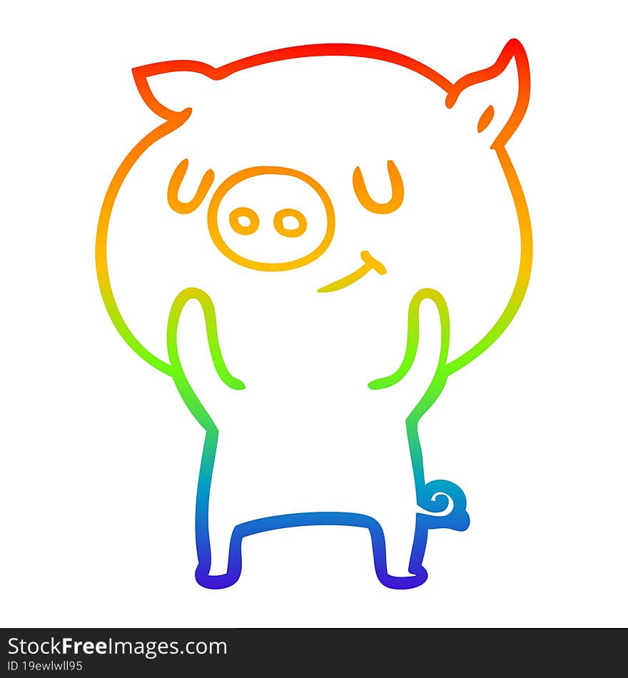 rainbow gradient line drawing of a happy cartoon pig