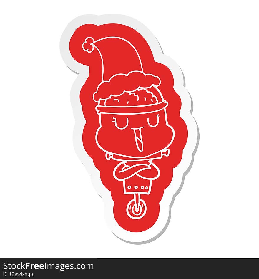 happy quirky cartoon  sticker of a robot wearing santa hat