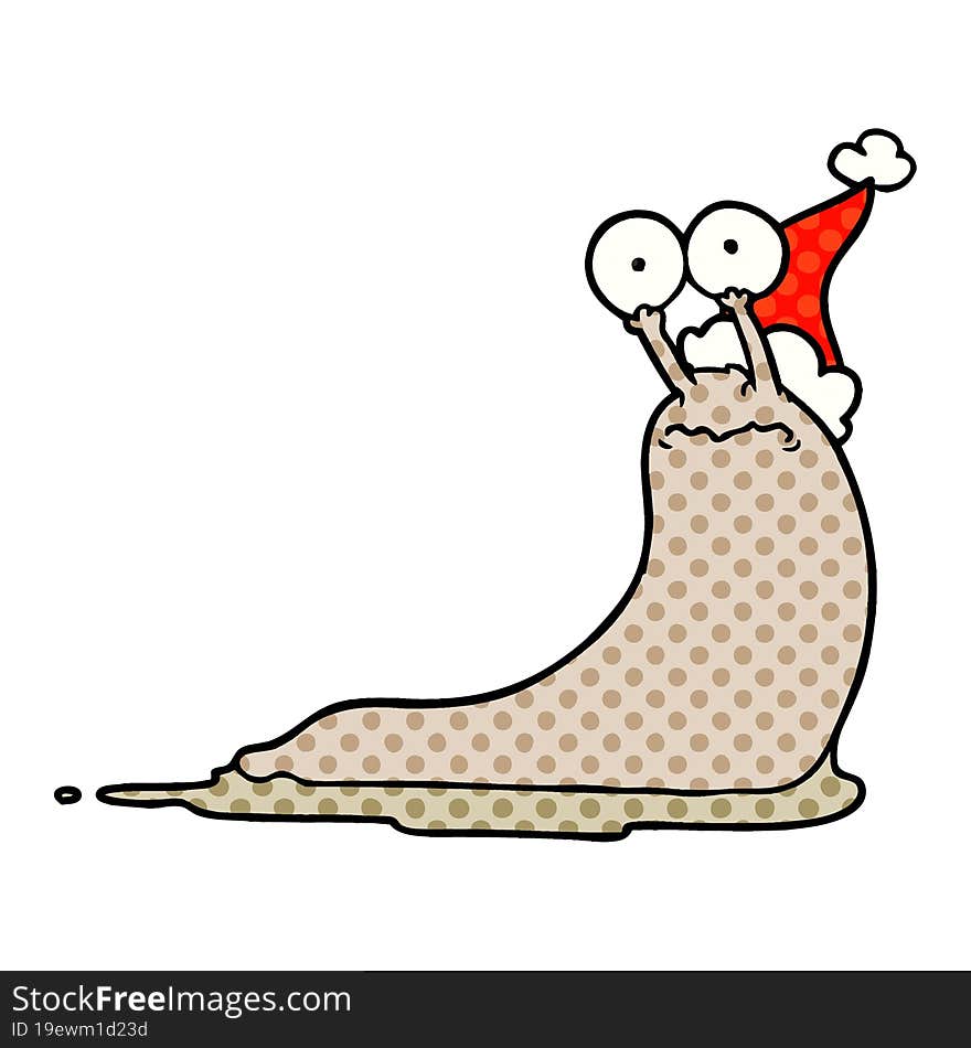 comic book style illustration of a slug wearing santa hat