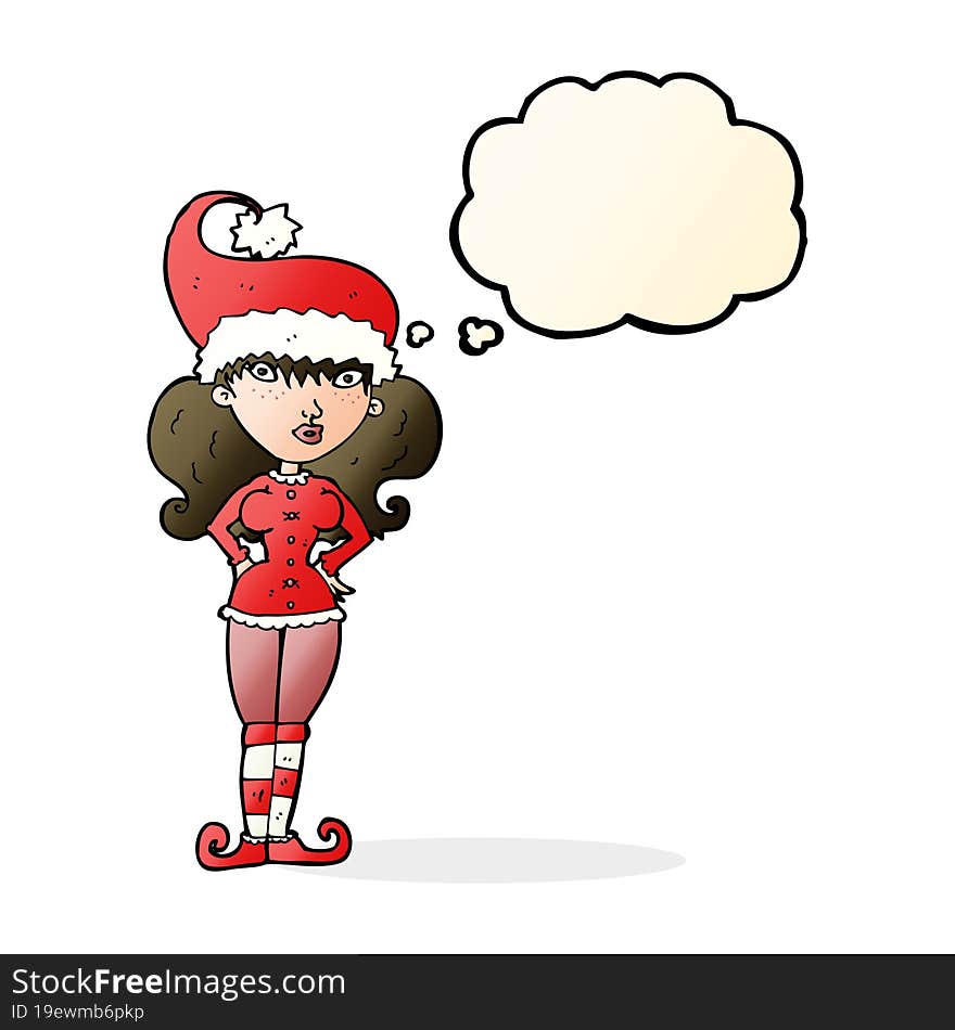 cartoon santa s helper woman with thought bubble