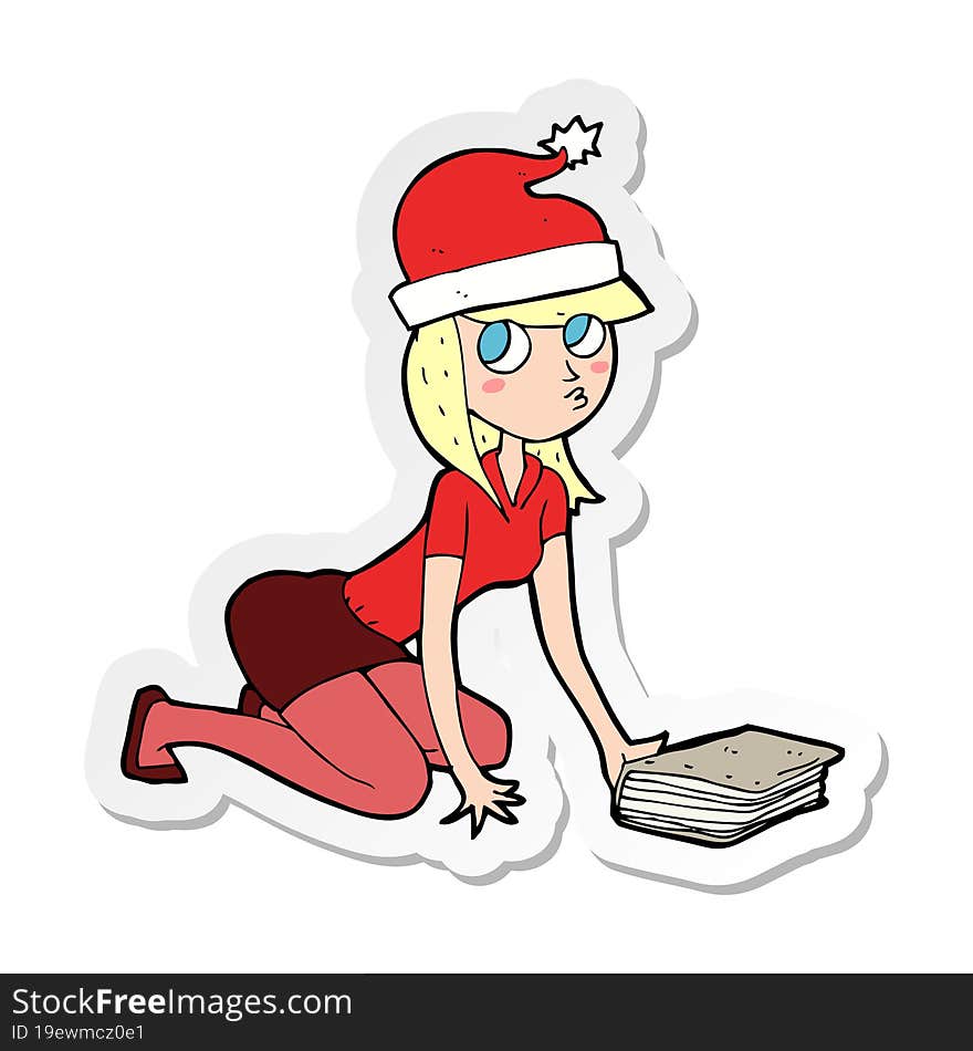 Sticker Of A Cartoon Woman In Christmas Hat