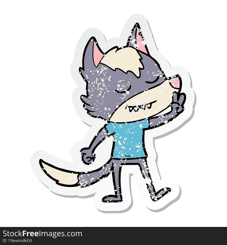 distressed sticker of a friendly cartoon wolf making peace sign