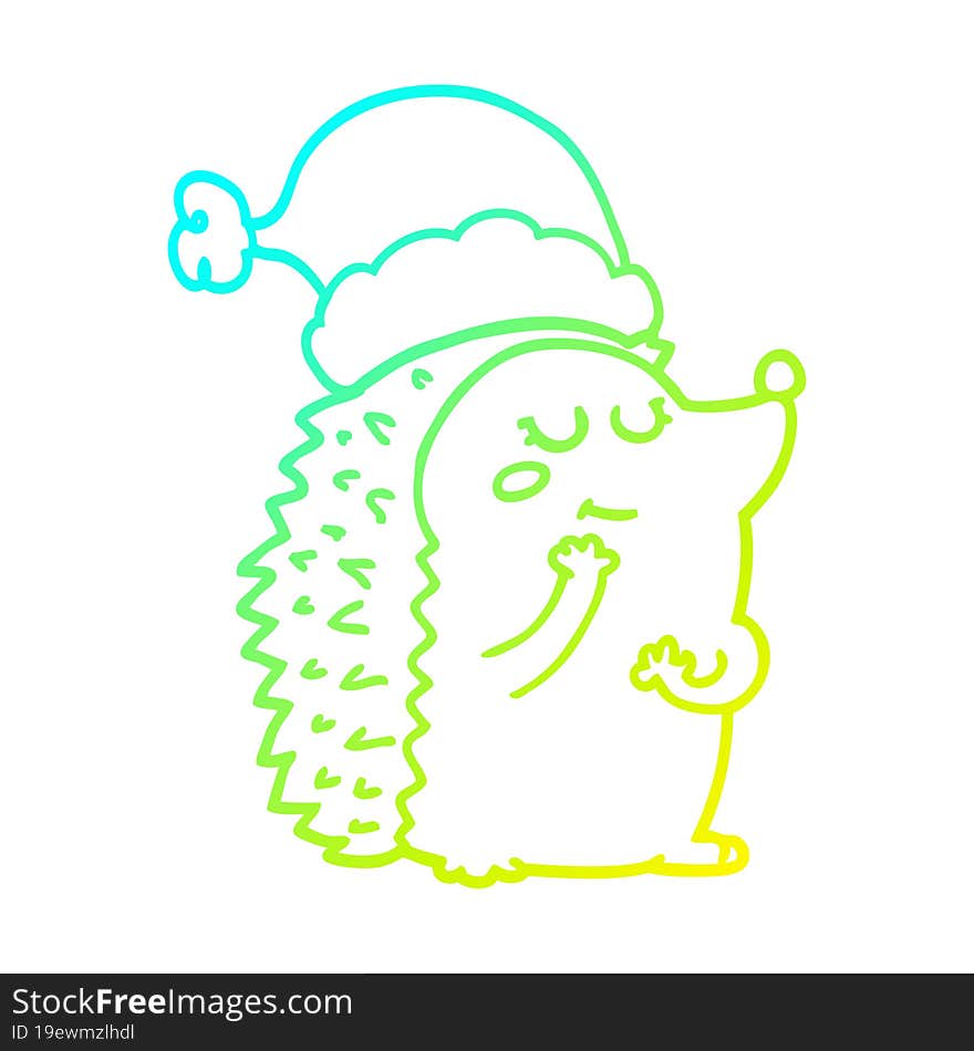 cold gradient line drawing cartoon hedgehog wearing christmas hat