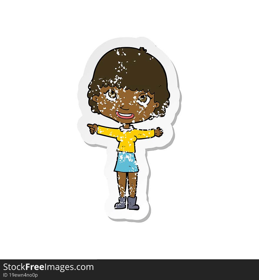 retro distressed sticker of a cartoon happy woman pointing