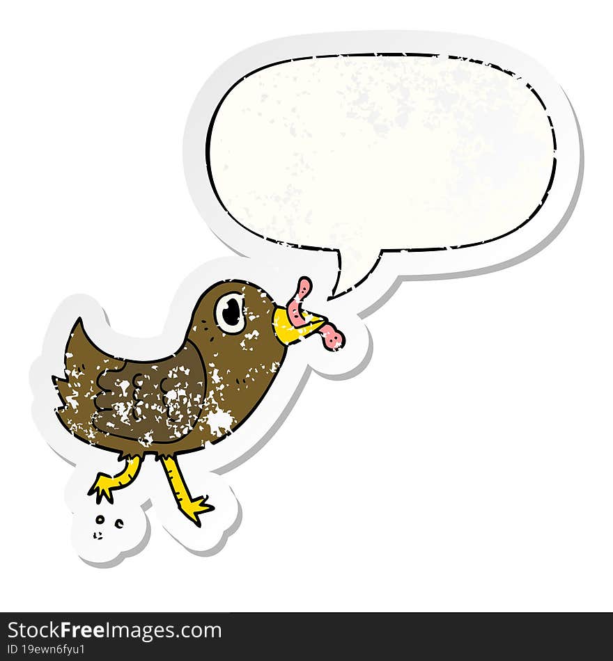 cartoon bird and worm and speech bubble distressed sticker