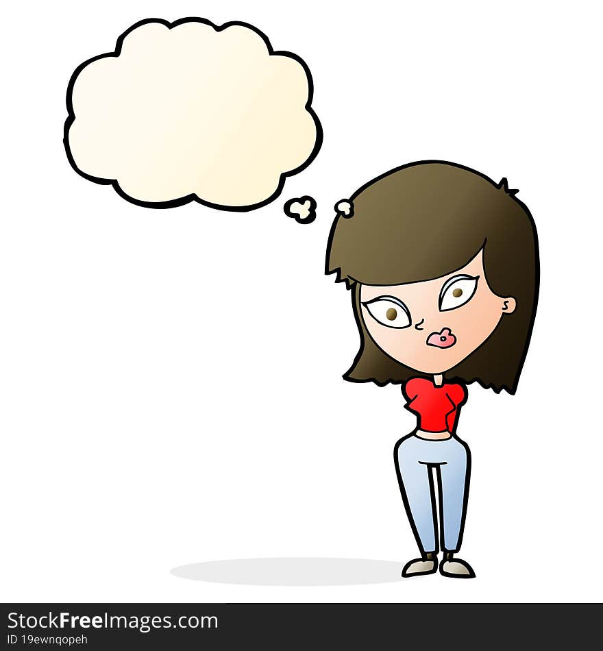 cartoon confused woman with thought bubble