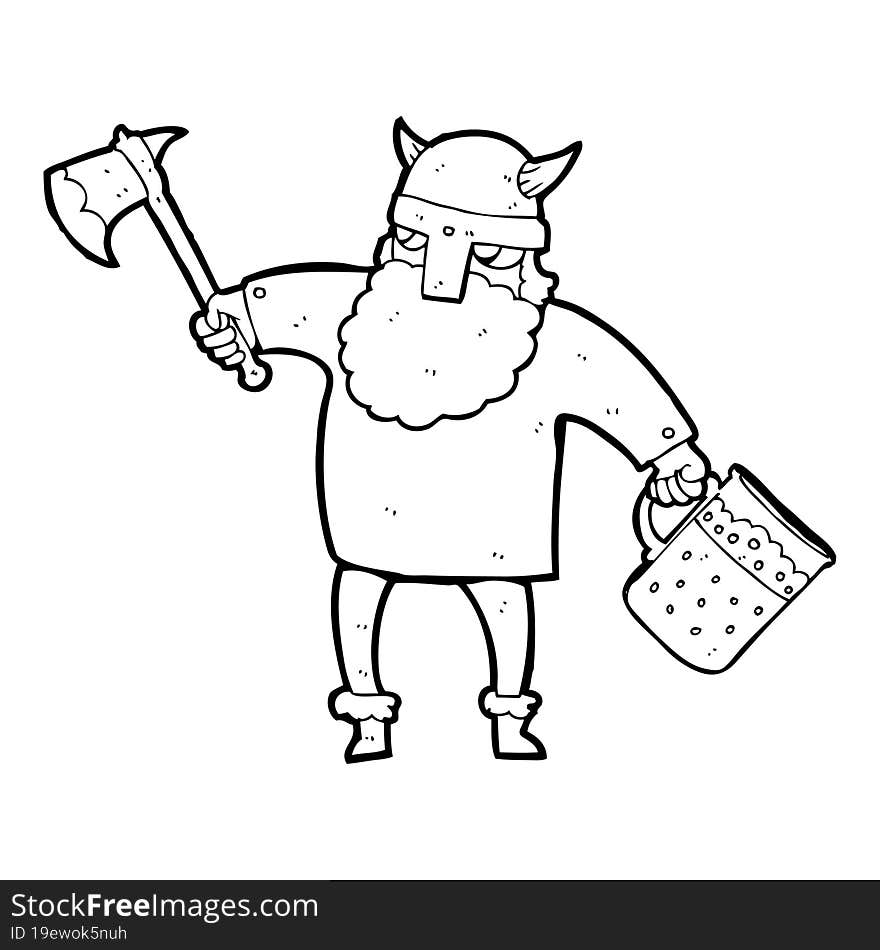 freehand drawn black and white cartoon drunk viking