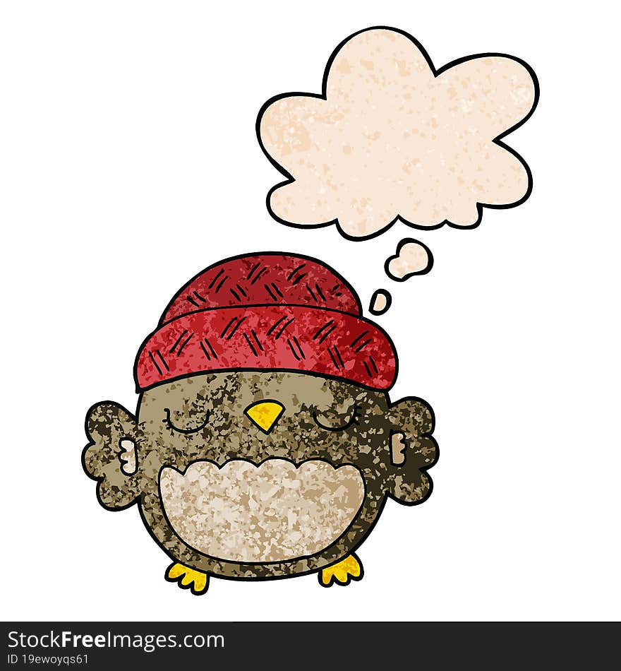 cute cartoon owl in hat and thought bubble in grunge texture pattern style