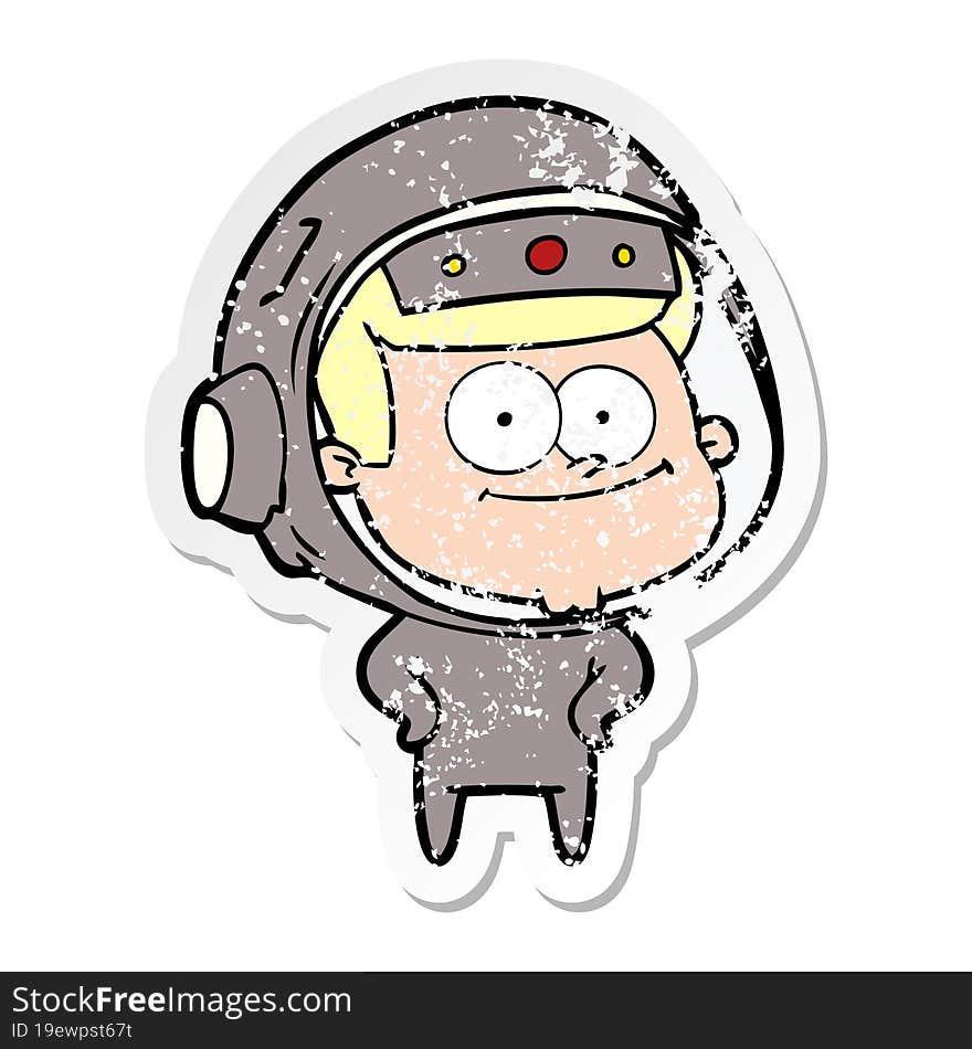 distressed sticker of a happy astronaut cartoon