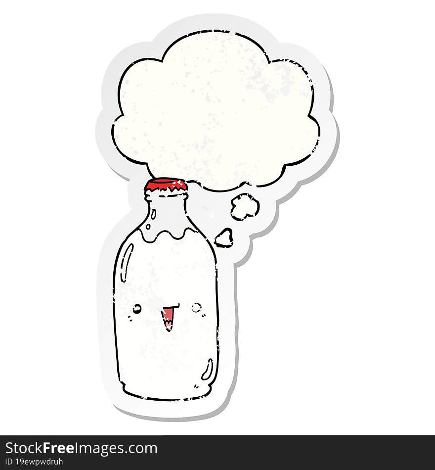 cute cartoon milk bottle and thought bubble as a distressed worn sticker