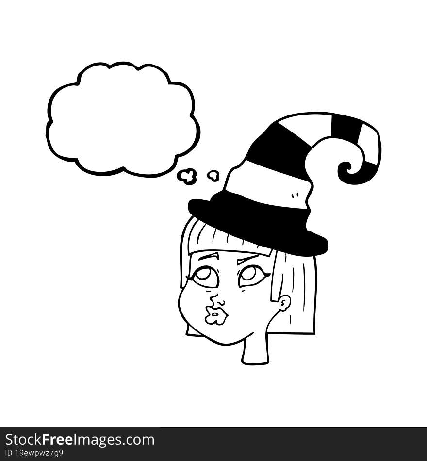 freehand drawn thought bubble cartoon witch