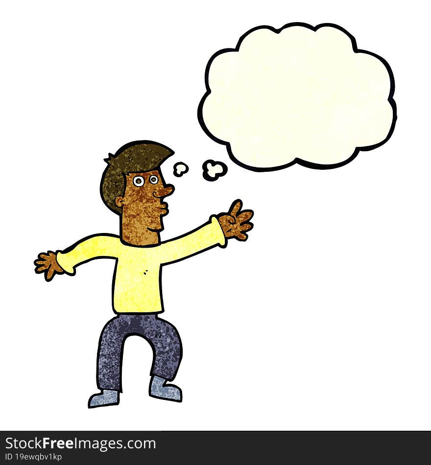 cartoon reaching man with thought bubble