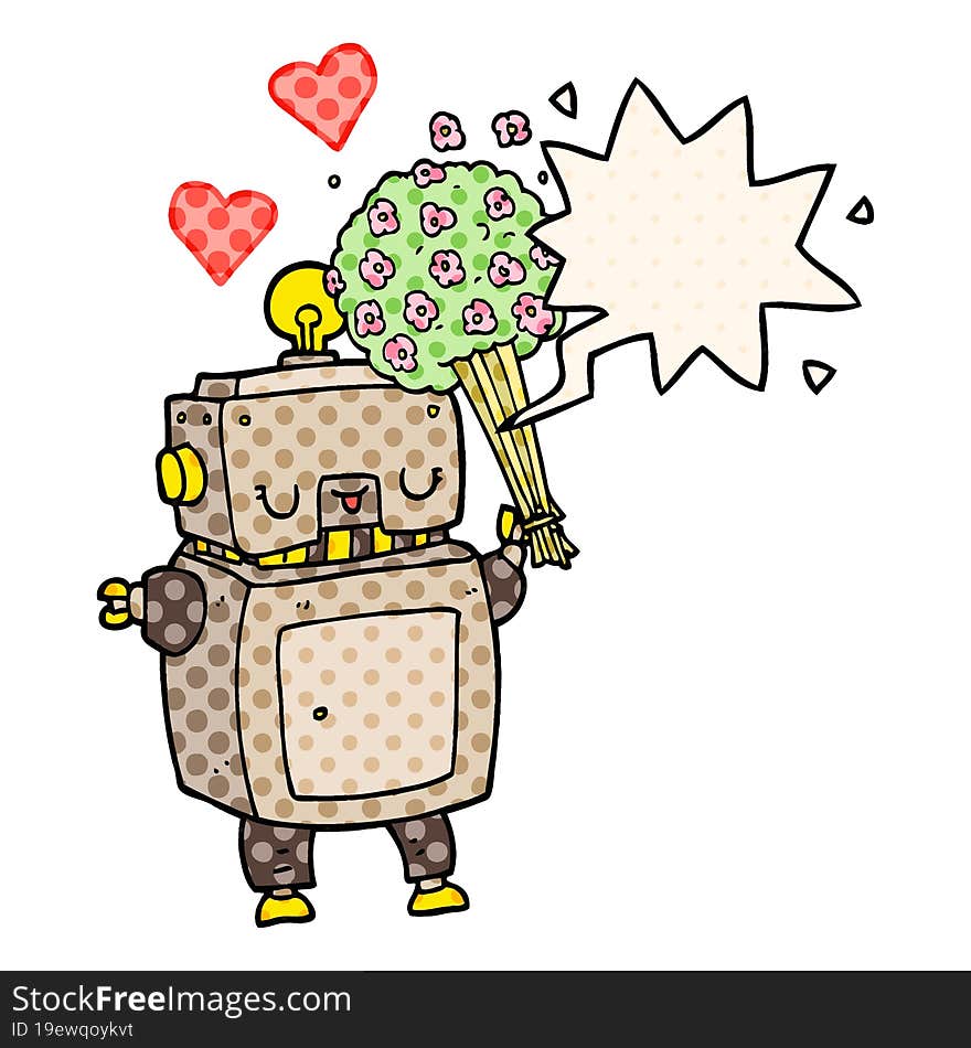 cartoon robot in love and speech bubble in comic book style