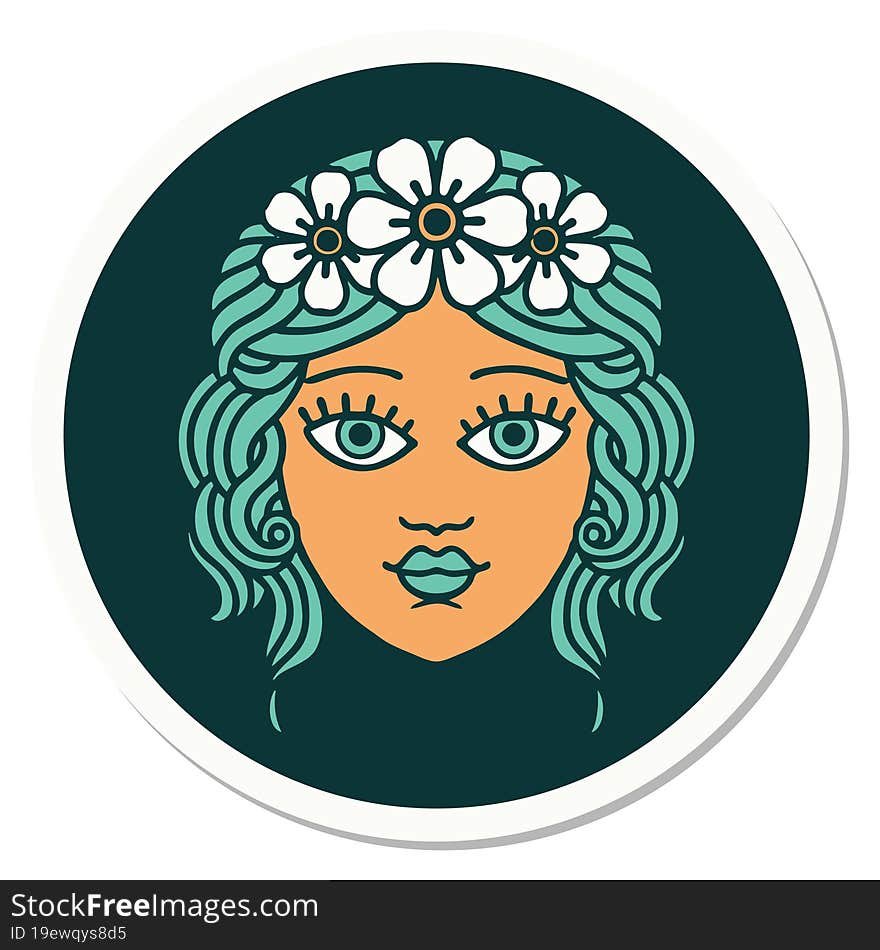 tattoo style sticker of female face with crown of flowers