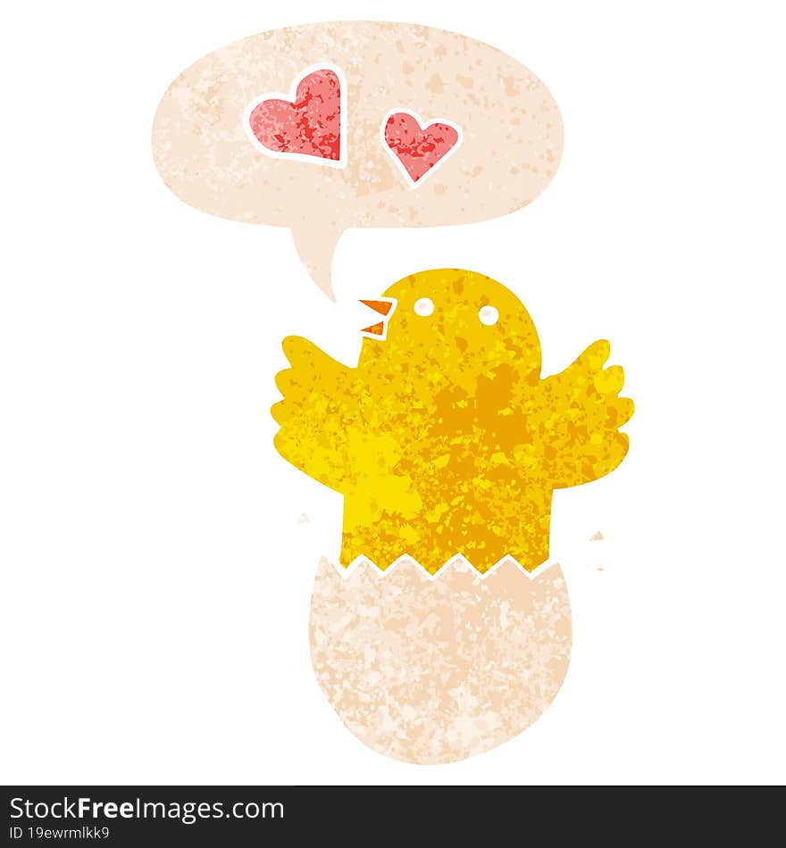 cute hatching chick cartoon and speech bubble in retro textured style