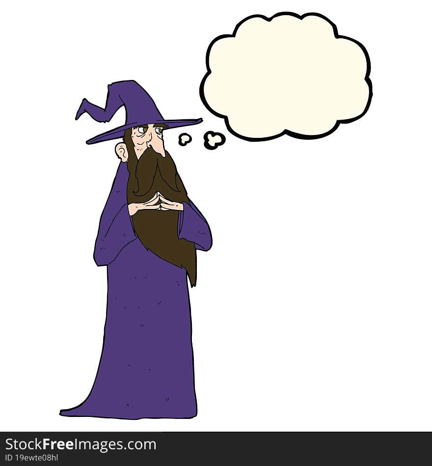 cartoon old wizard with thought bubble