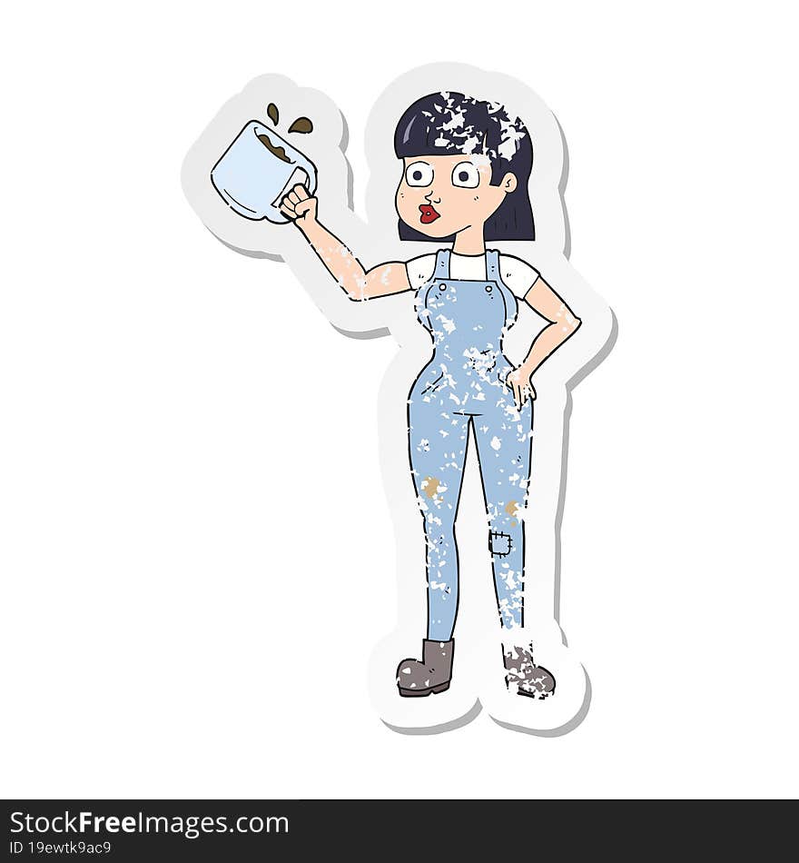 Retro Distressed Sticker Of A Cartoon Female Worker With Coffee Mug