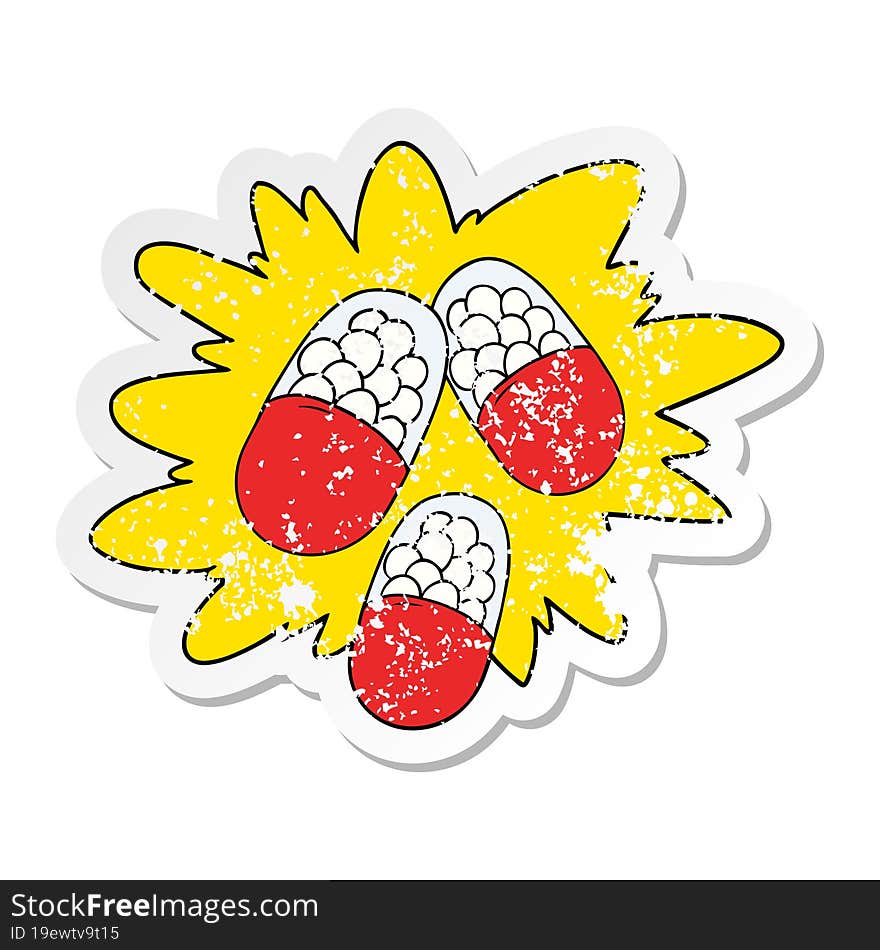 Distressed Sticker Of A Cartoon Powerful Pills