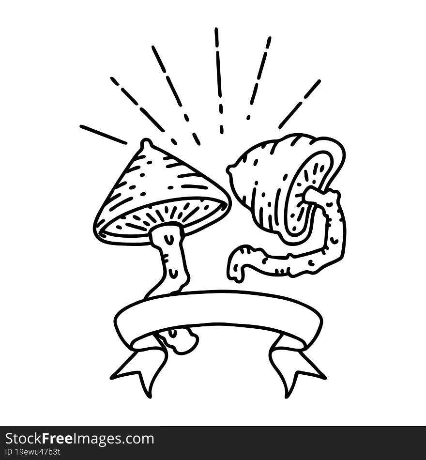 banner with black line work tattoo style mushrooms