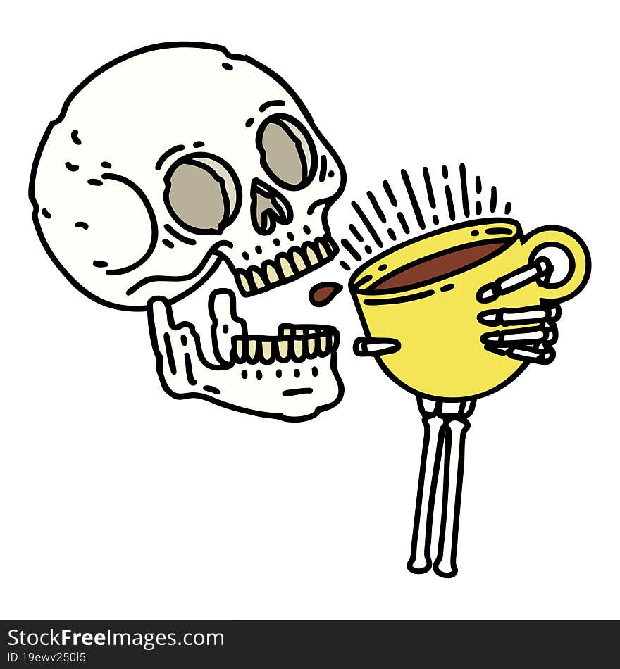 traditional tattoo of a skull drinking coffee