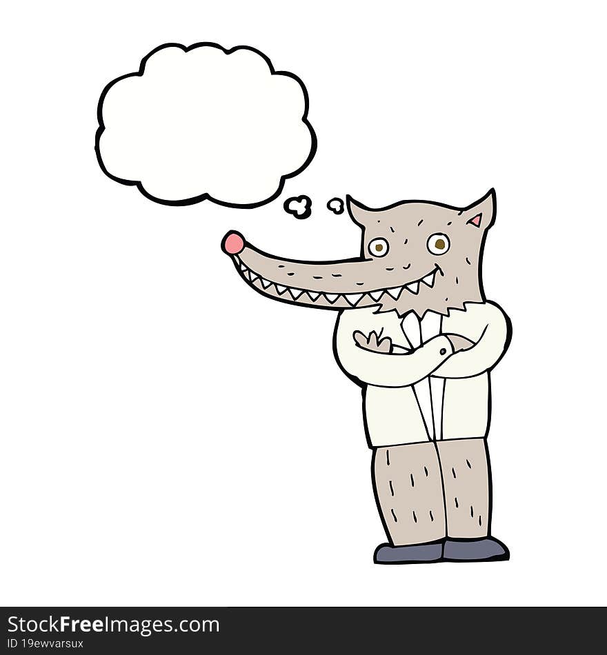 cartoon wolf man with thought bubble