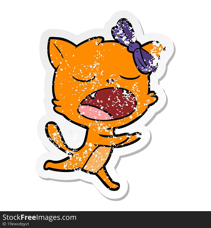 Distressed Sticker Of A Cartoon Yawning Cat