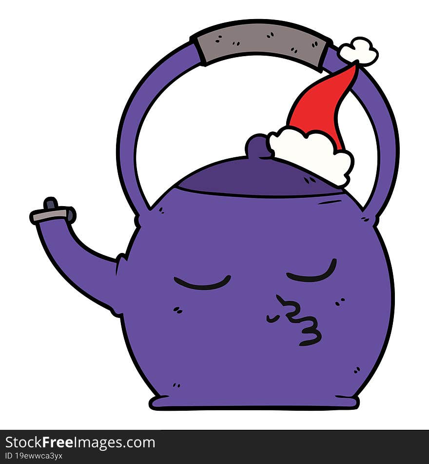 line drawing of a kettle wearing santa hat