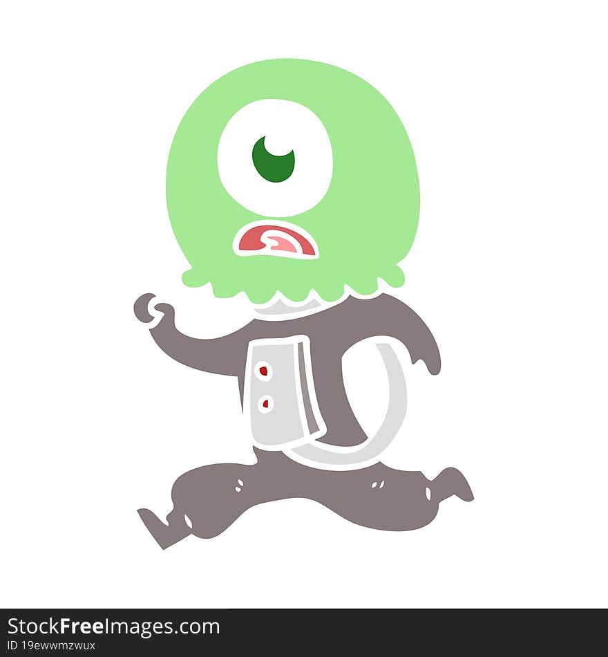 flat color style cartoon cyclops alien spaceman running