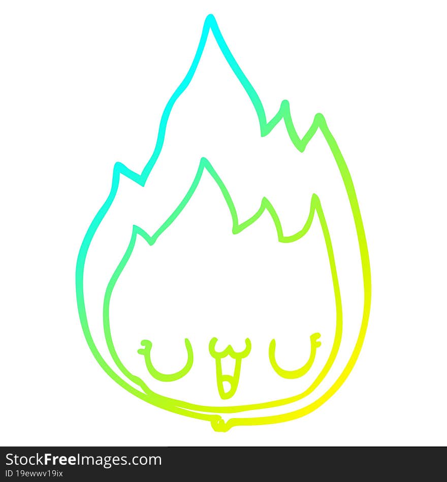 cold gradient line drawing of a cartoon flame with face