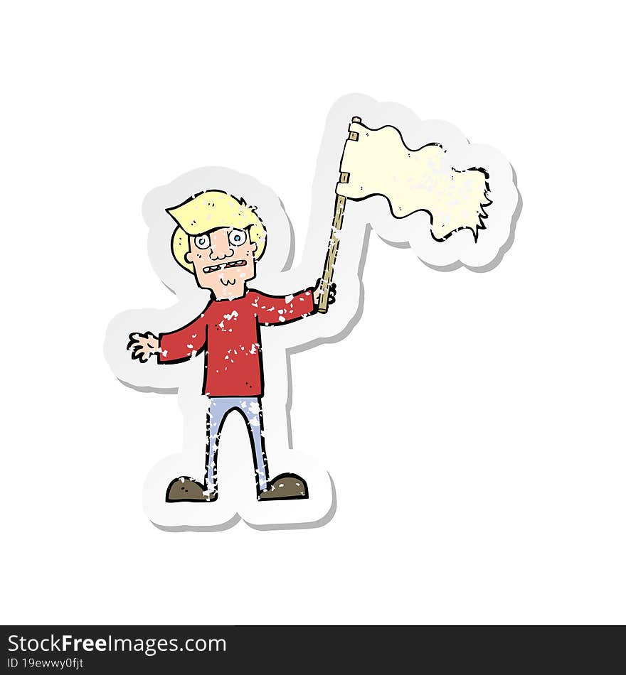 retro distressed sticker of a cartoon man waving white flag