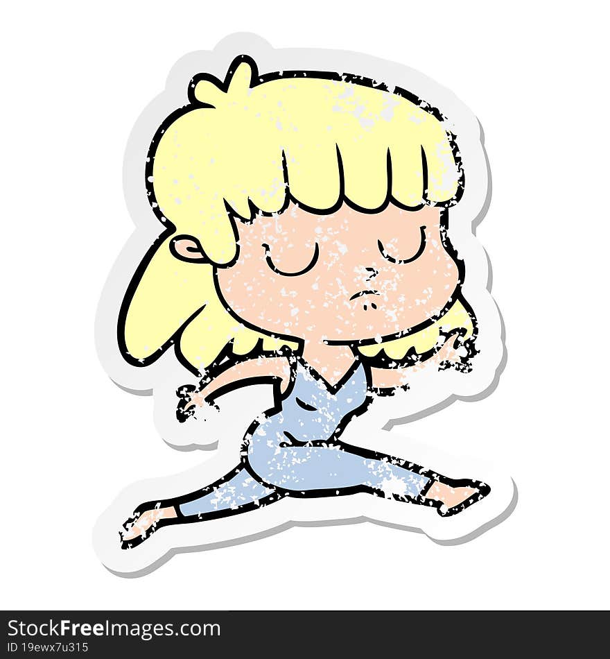 distressed sticker of a cartoon indifferent woman running