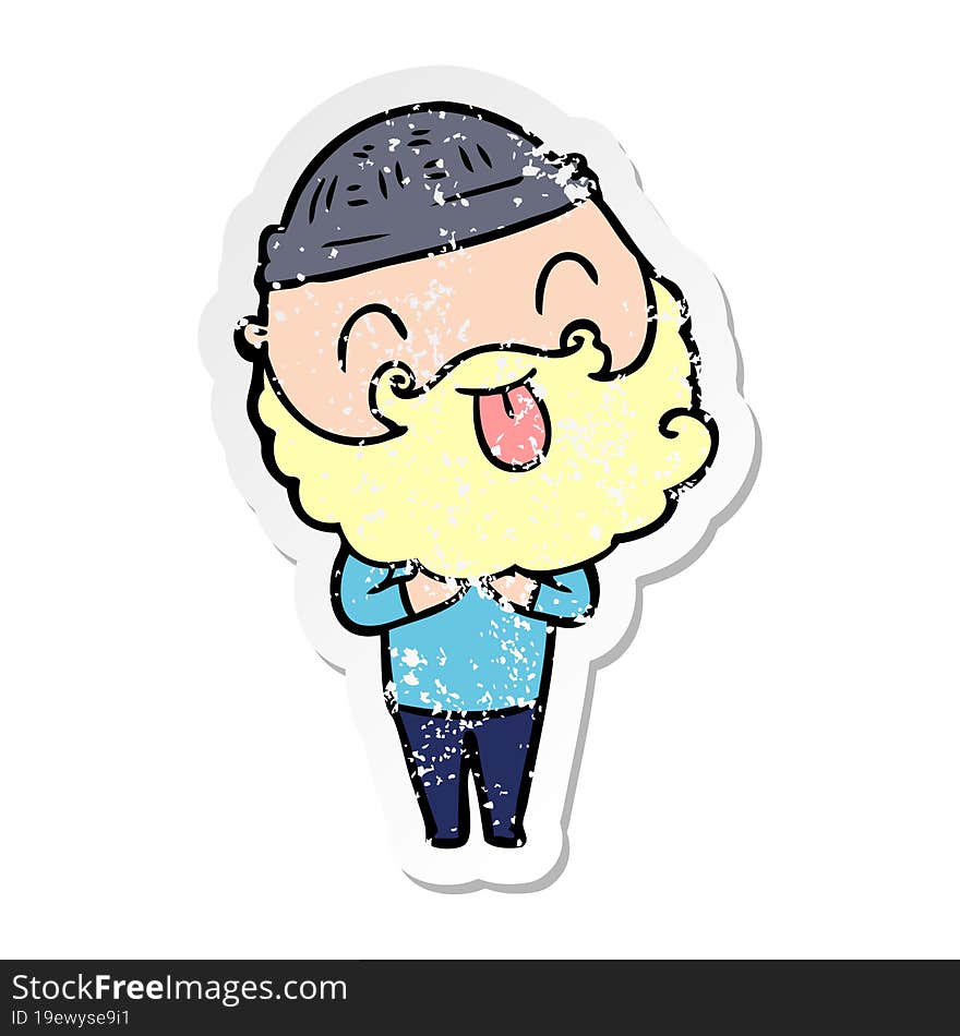 distressed sticker of a man with beard sticking out tongue