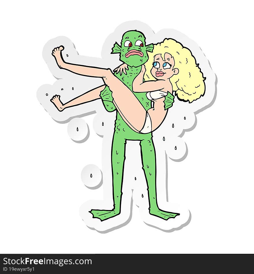 sticker of a cartoon swamp monster carrying woman in bikini