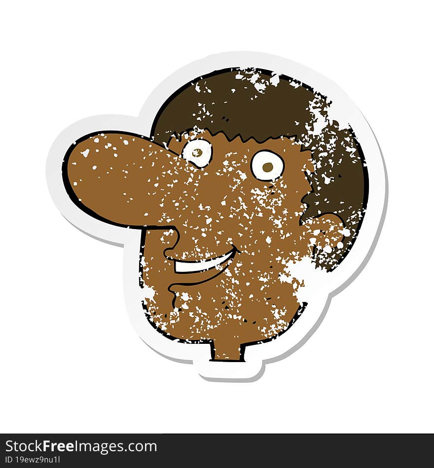 retro distressed sticker of a cartoon happy male face