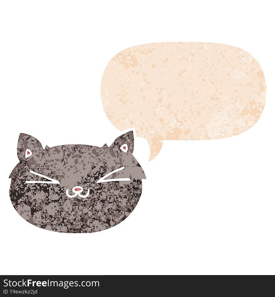 happy cartoon cat and speech bubble in retro textured style