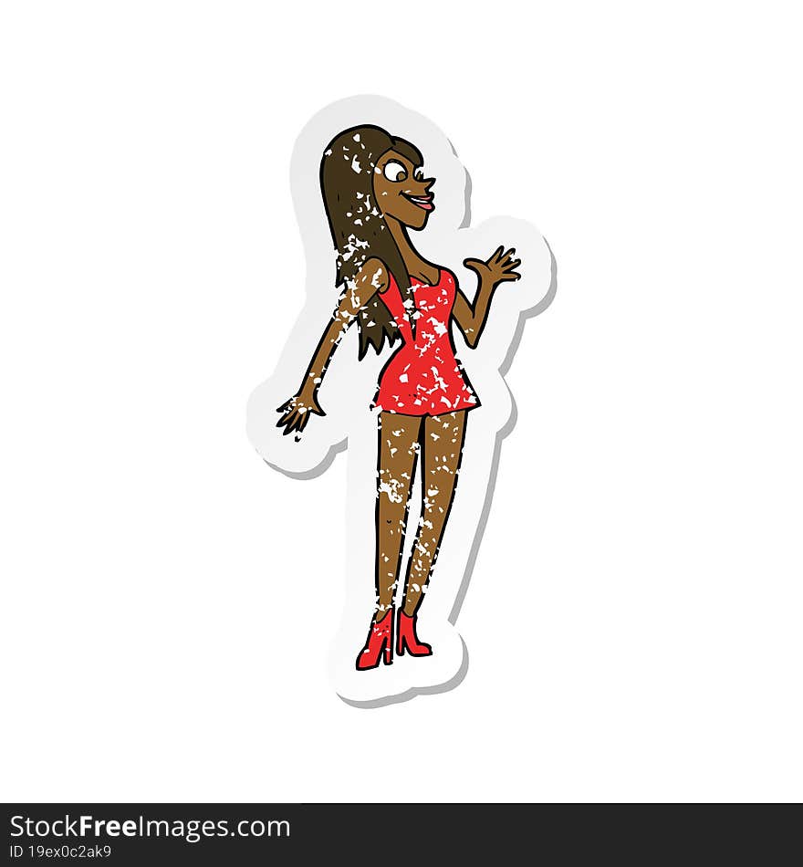 Retro Distressed Sticker Of A Cartoon Woman In Pink Dress