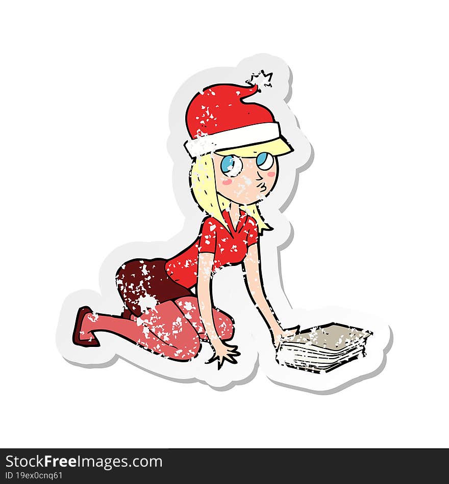 Retro Distressed Sticker Of A Cartoon Woman In Christmas Hat