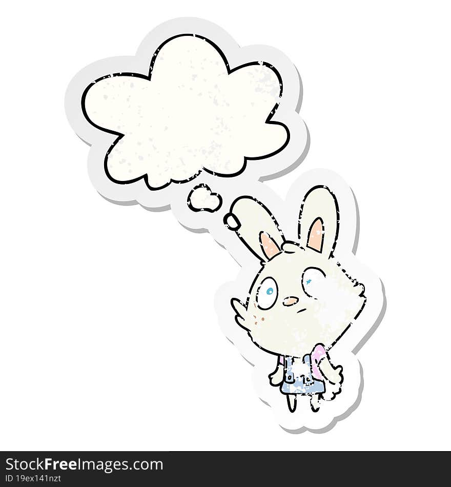 cartoon rabbit shrugging shoulders with thought bubble as a distressed worn sticker