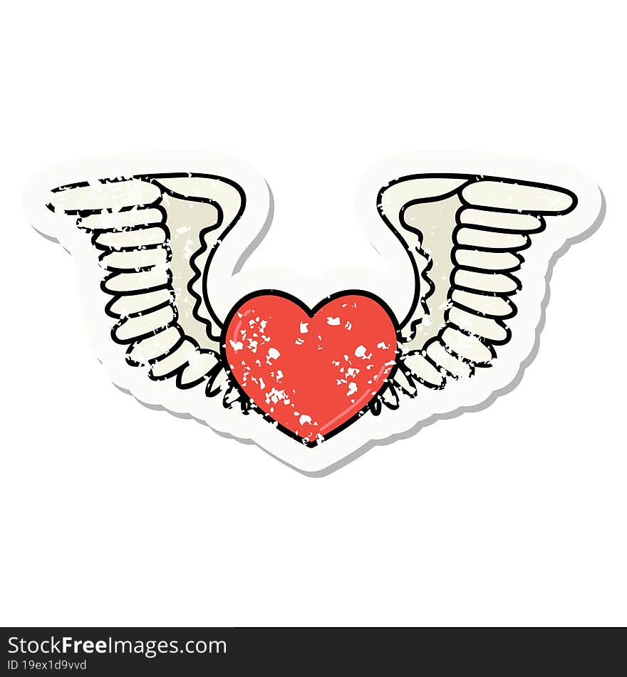 traditional distressed sticker tattoo of a heart with wings