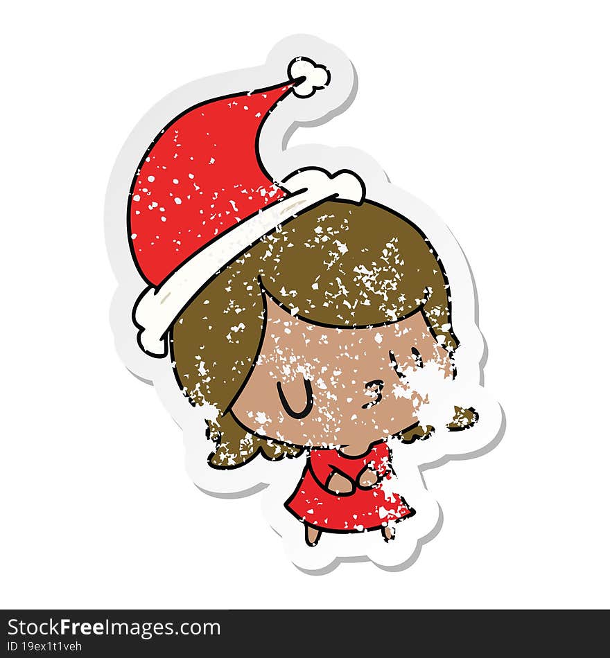 hand drawn christmas distressed sticker cartoon of kawaii girl